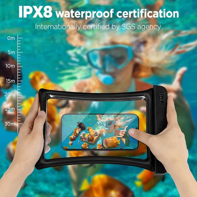 CACOE [Floatable Floating Universal IPX8 Waterproof Phone case 2 Pack-Up to 10.0",Adjustable Lanyard Phone Pouch,Cellphone Dry Bags for Vacation Beach Pool Kayak Cruise Travel Essentials（Black+Black） - Image 5